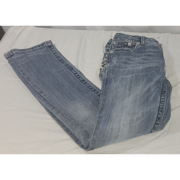 Miss Me Womens Size 27 Distressed Embellished 5 Pocket Light Wash Jeans SEE DESC - Picture 1 of 11